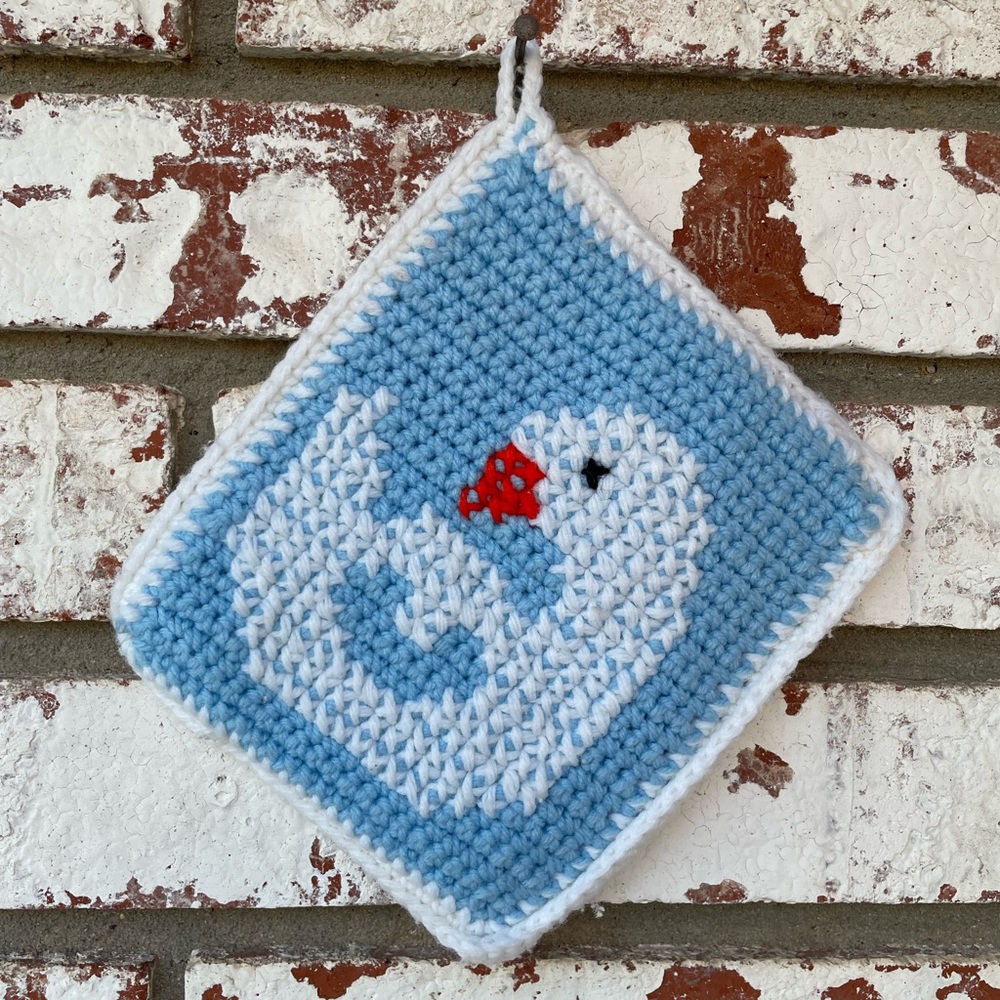 🌻5/$15🌻 Handmade | Vintage Yarn Knit Crochet Baby Blue Goose Pot Holder Hot Pad